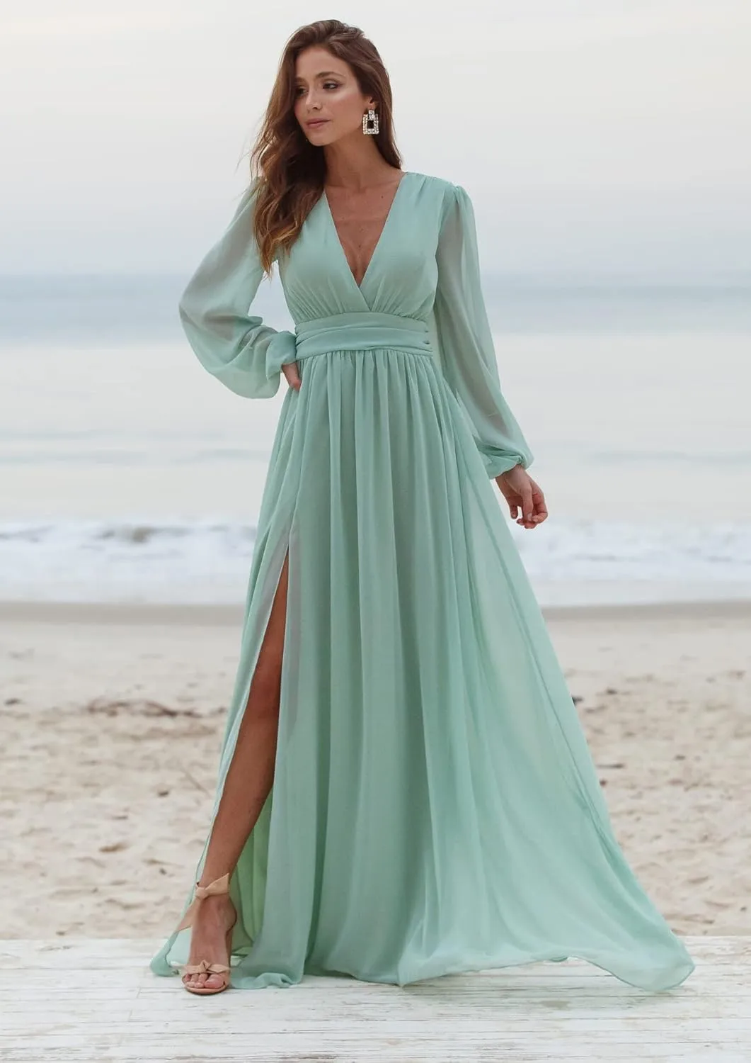 Women's Long Sleeve Bridesmaid Dresses with Slit Long Pleated Formal Evening Party Gown