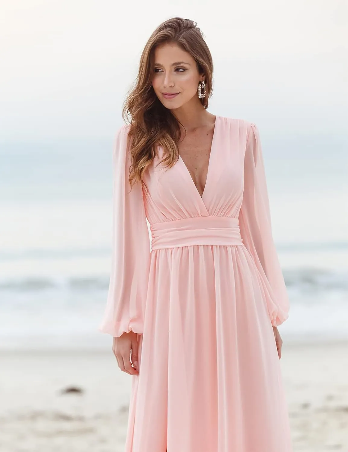 Women's Long Sleeve Bridesmaid Dresses with Slit Long Pleated Formal Evening Party Gown