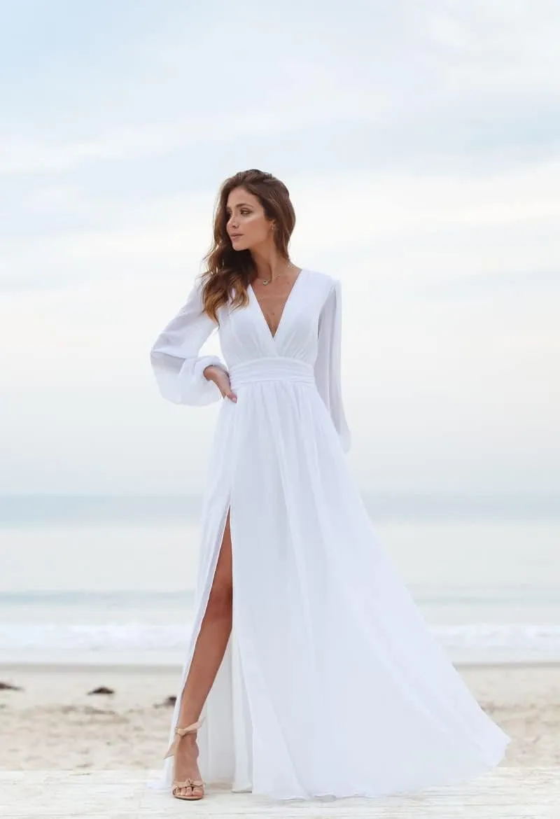 Women's Long Sleeve Bridesmaid Dresses with Slit Long Pleated Formal Evening Party Gown