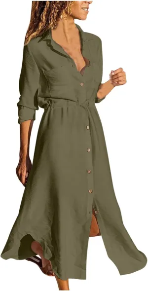 Women's Long Sleeve Cotton Linen Sundress Button Up Lightweight Midi Dresses Flowy Trendy Long Dress