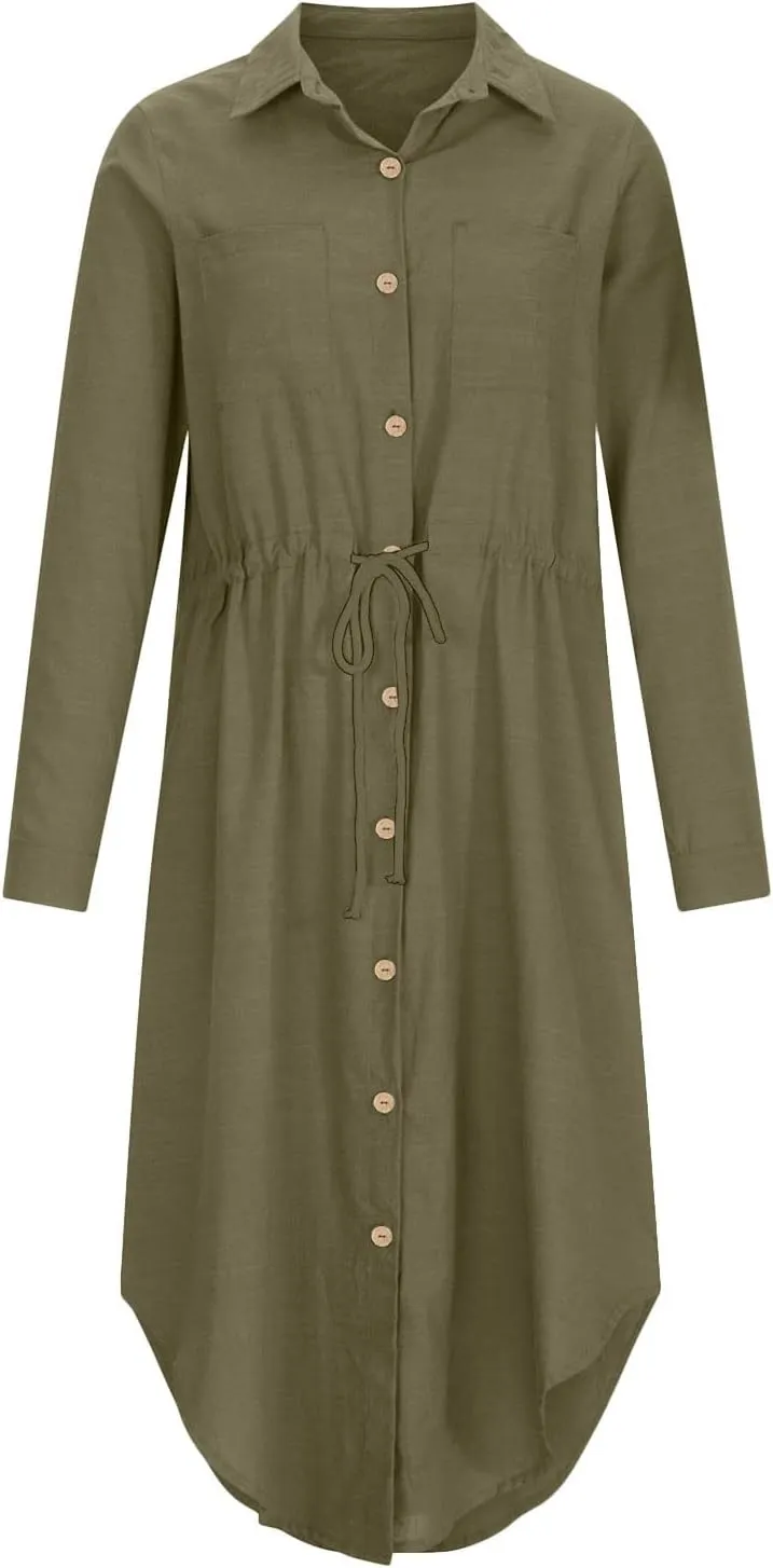Women's Long Sleeve Cotton Linen Sundress Button Up Lightweight Midi Dresses Flowy Trendy Long Dress
