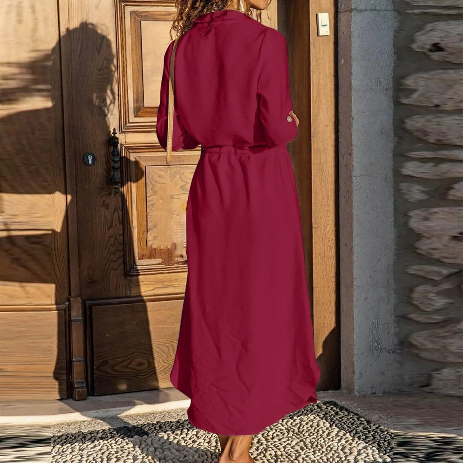 Women's Long Sleeve Cotton Linen Sundress Button Up Lightweight Midi Dresses Flowy Trendy Long Dress