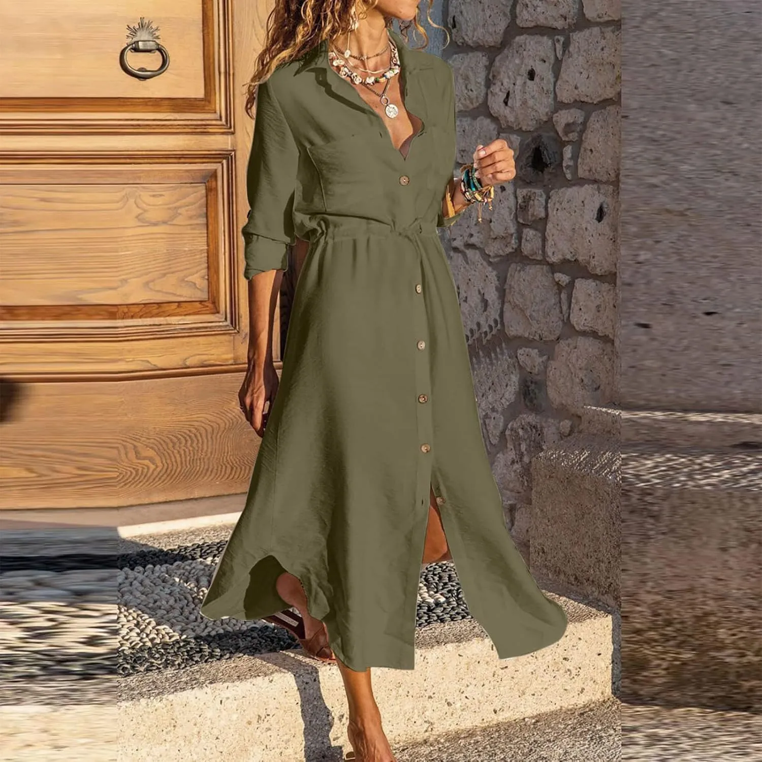 Women's Long Sleeve Cotton Linen Sundress Button Up Lightweight Midi Dresses Flowy Trendy Long Dress