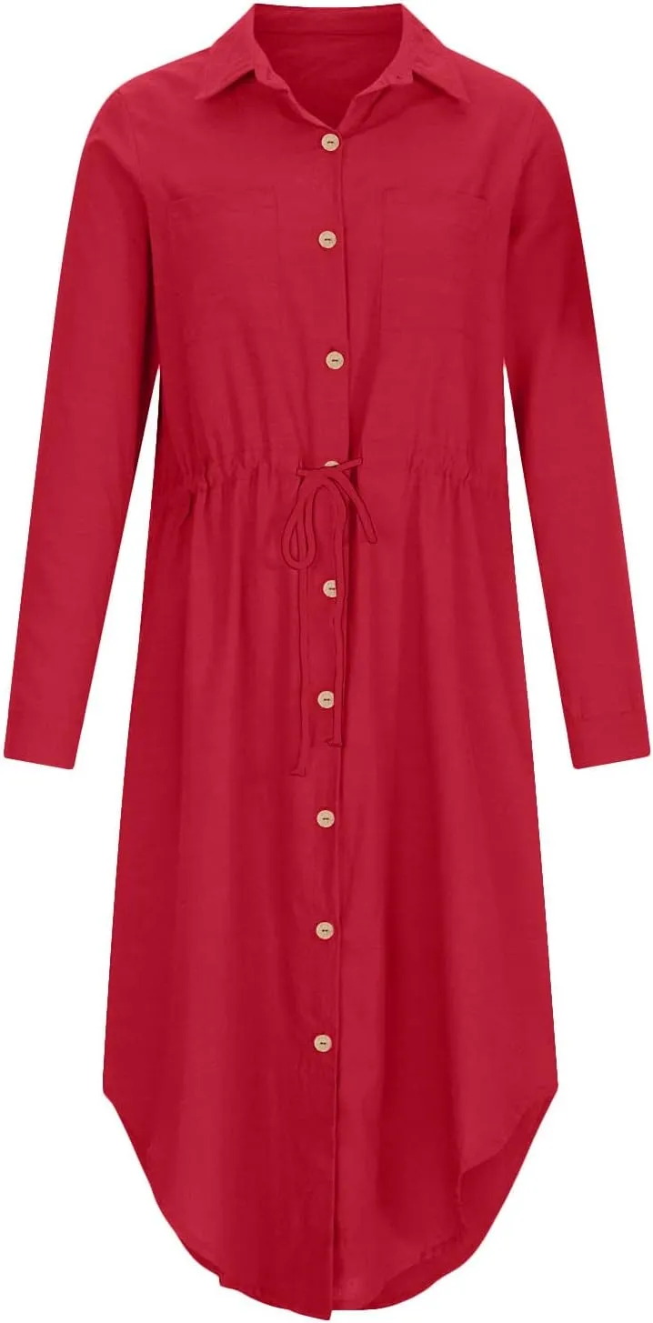 Women's Long Sleeve Cotton Linen Sundress Button Up Lightweight Midi Dresses Flowy Trendy Long Dress