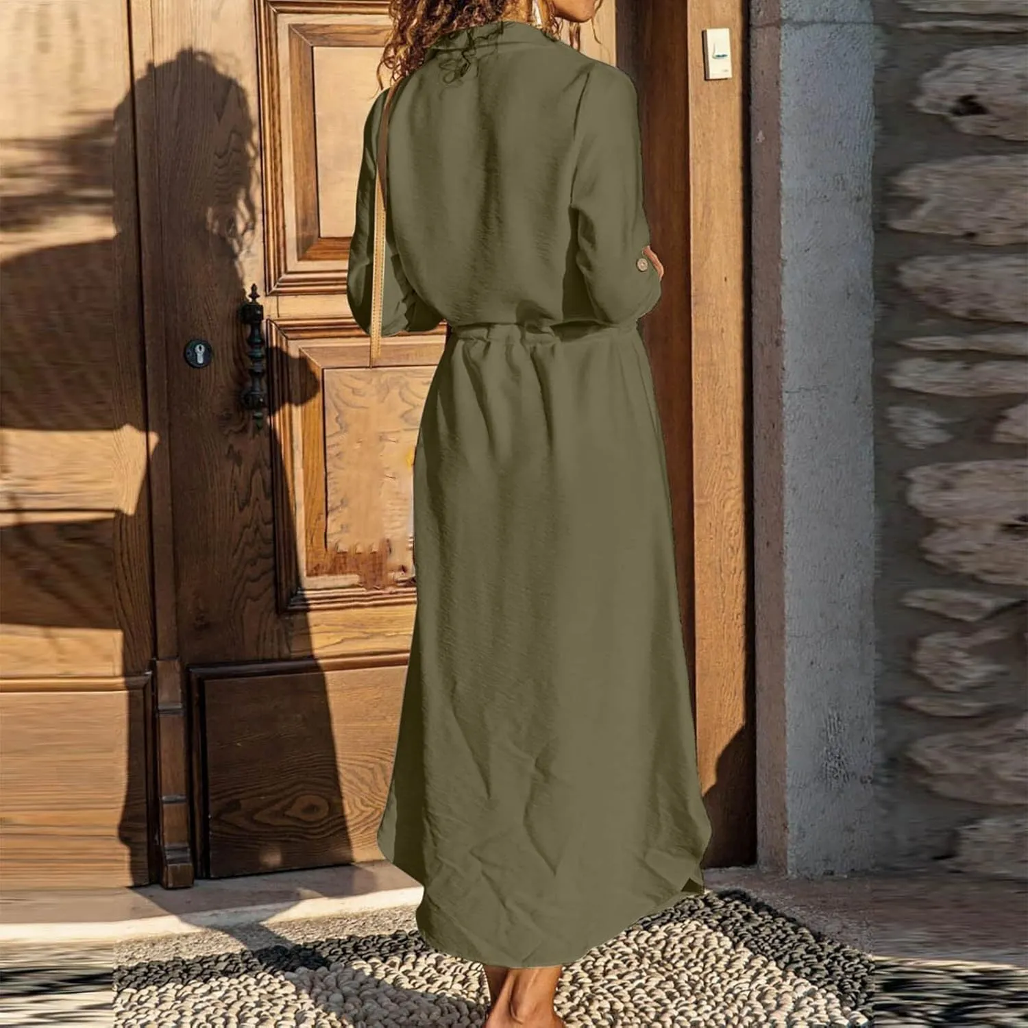 Women's Long Sleeve Cotton Linen Sundress Button Up Lightweight Midi Dresses Flowy Trendy Long Dress