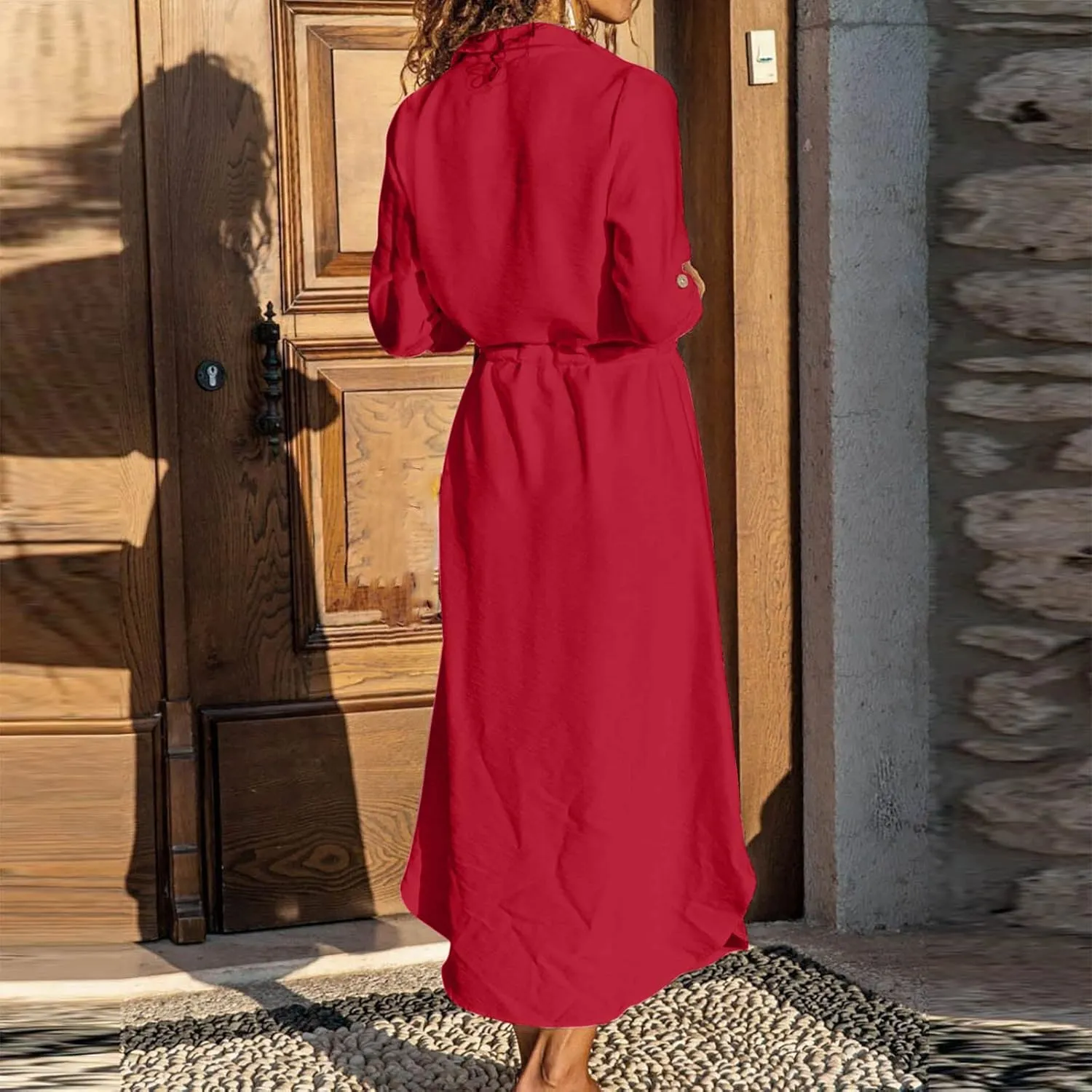 Women's Long Sleeve Cotton Linen Sundress Button Up Lightweight Midi Dresses Flowy Trendy Long Dress