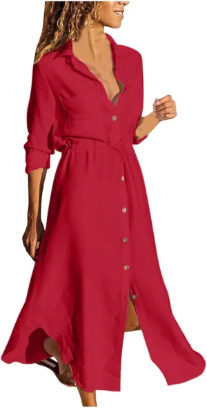 Women's Long Sleeve Cotton Linen Sundress Button Up Lightweight Midi Dresses Flowy Trendy Long Dress