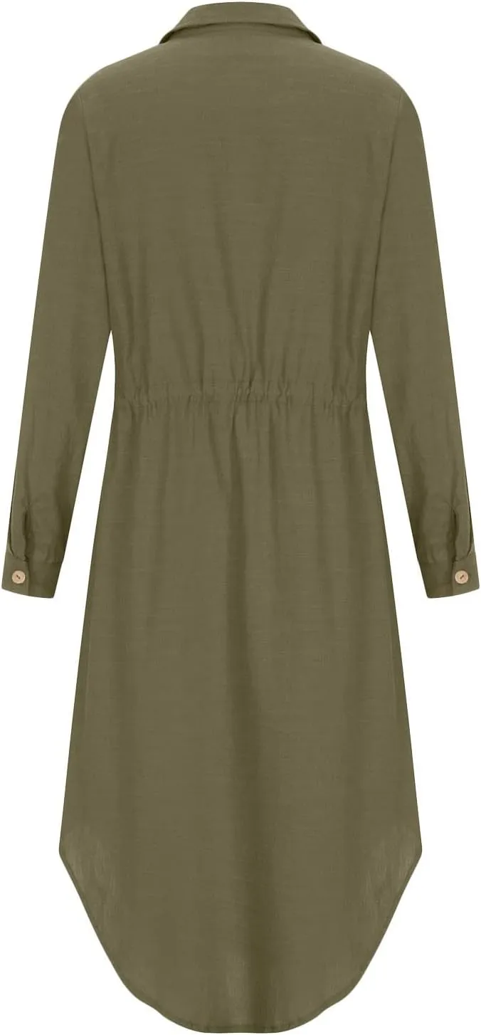 Women's Long Sleeve Cotton Linen Sundress Button Up Lightweight Midi Dresses Flowy Trendy Long Dress