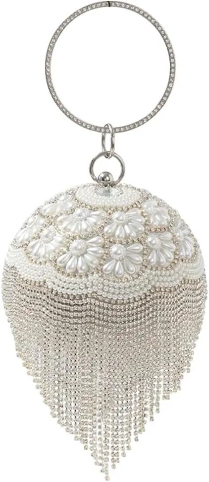 Womens Luxury Round Ball Evening Clutch with Crystal Tassel Rhinestones Wedding Party Bag Pearl Purse Dressy Handbag