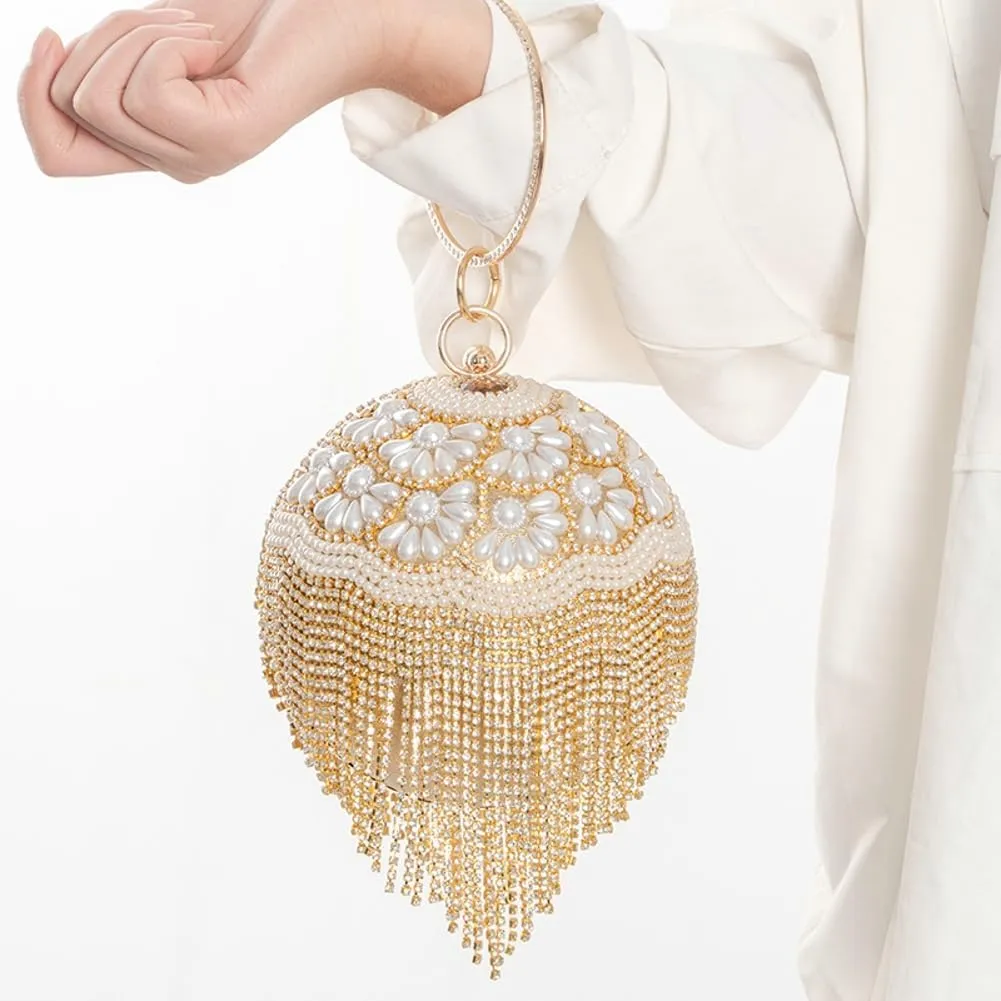 Womens Luxury Round Ball Evening Clutch with Crystal Tassel Rhinestones Wedding Party Bag Pearl Purse Dressy Handbag