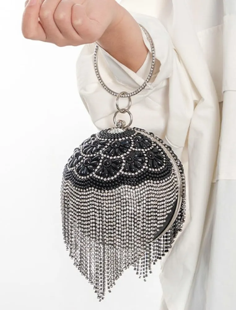 Womens Luxury Round Ball Evening Clutch with Crystal Tassel Rhinestones Wedding Party Bag Pearl Purse Dressy Handbag