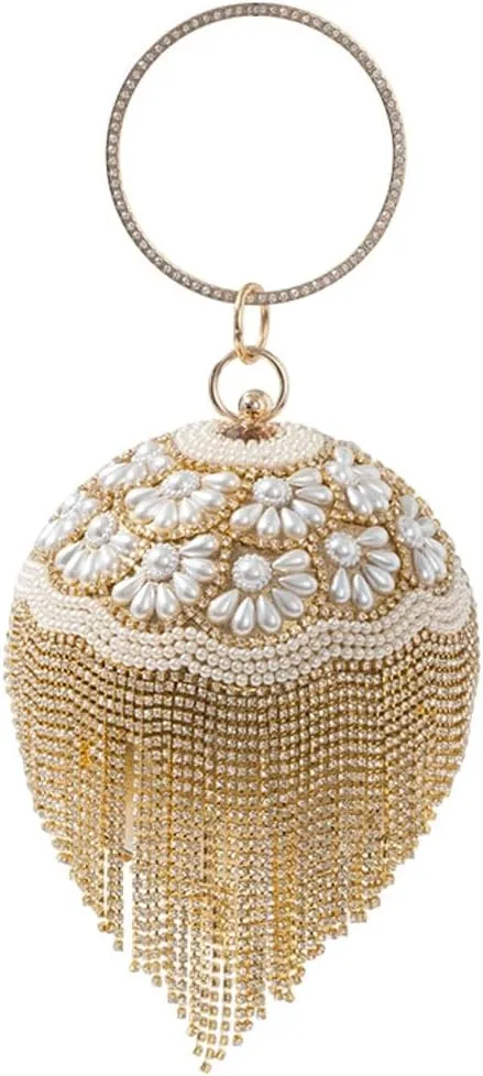 Womens Luxury Round Ball Evening Clutch with Crystal Tassel Rhinestones Wedding Party Bag Pearl Purse Dressy Handbag