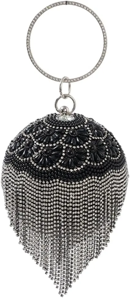 Womens Luxury Round Ball Evening Clutch with Crystal Tassel Rhinestones Wedding Party Bag Pearl Purse Dressy Handbag