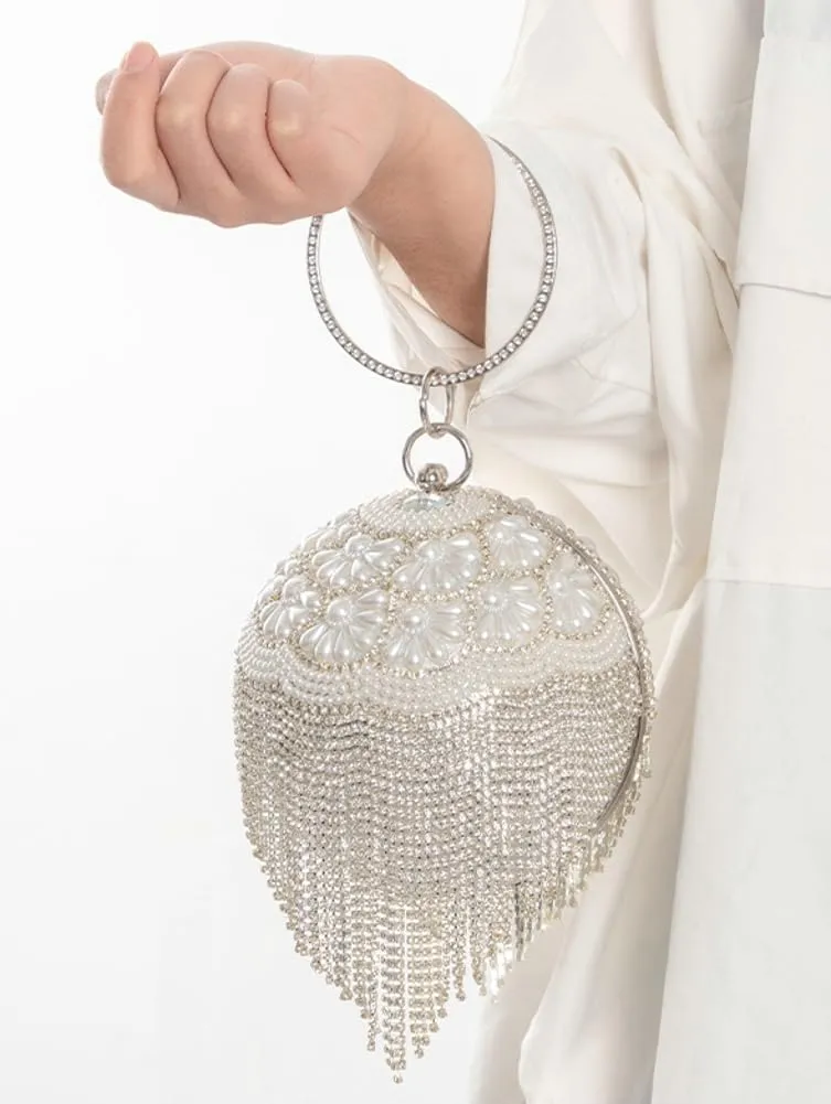 Womens Luxury Round Ball Evening Clutch with Crystal Tassel Rhinestones Wedding Party Bag Pearl Purse Dressy Handbag