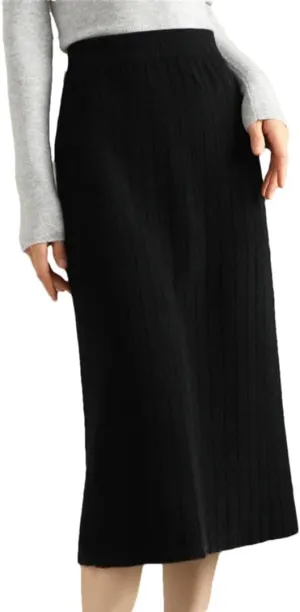 Women's Merino Wool Slim Knit Skirt High Waist High Stretch Slim Knee Skirt Soft Knit Pleated Midi Skirt