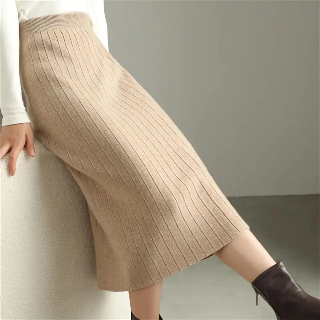 Women's Merino Wool Slim Knit Skirt High Waist High Stretch Slim Knee Skirt Soft Knit Pleated Midi Skirt