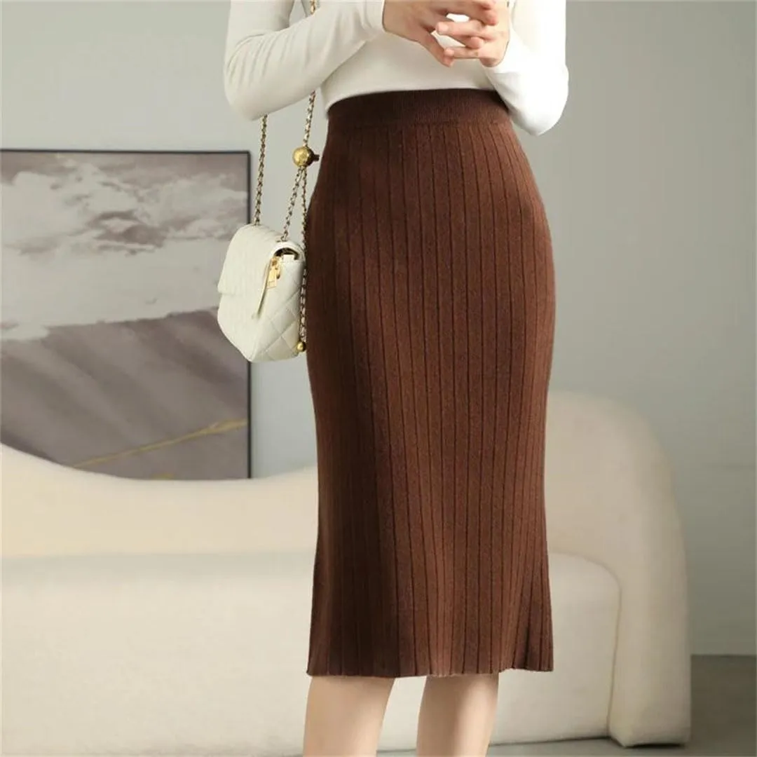 Women's Merino Wool Slim Knit Skirt High Waist High Stretch Slim Knee Skirt Soft Knit Pleated Midi Skirt