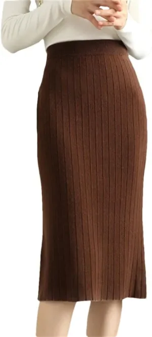 Women's Merino Wool Slim Knit Skirt High Waist High Stretch Slim Knee Skirt Soft Knit Pleated Midi Skirt
