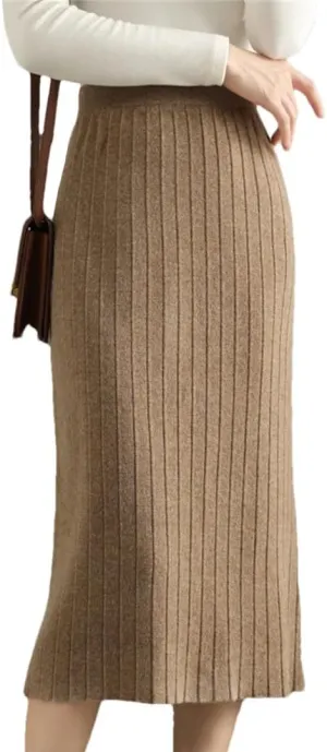 Women's Merino Wool Slim Knit Skirt High Waist High Stretch Slim Knee Skirt Soft Knit Pleated Midi Skirt