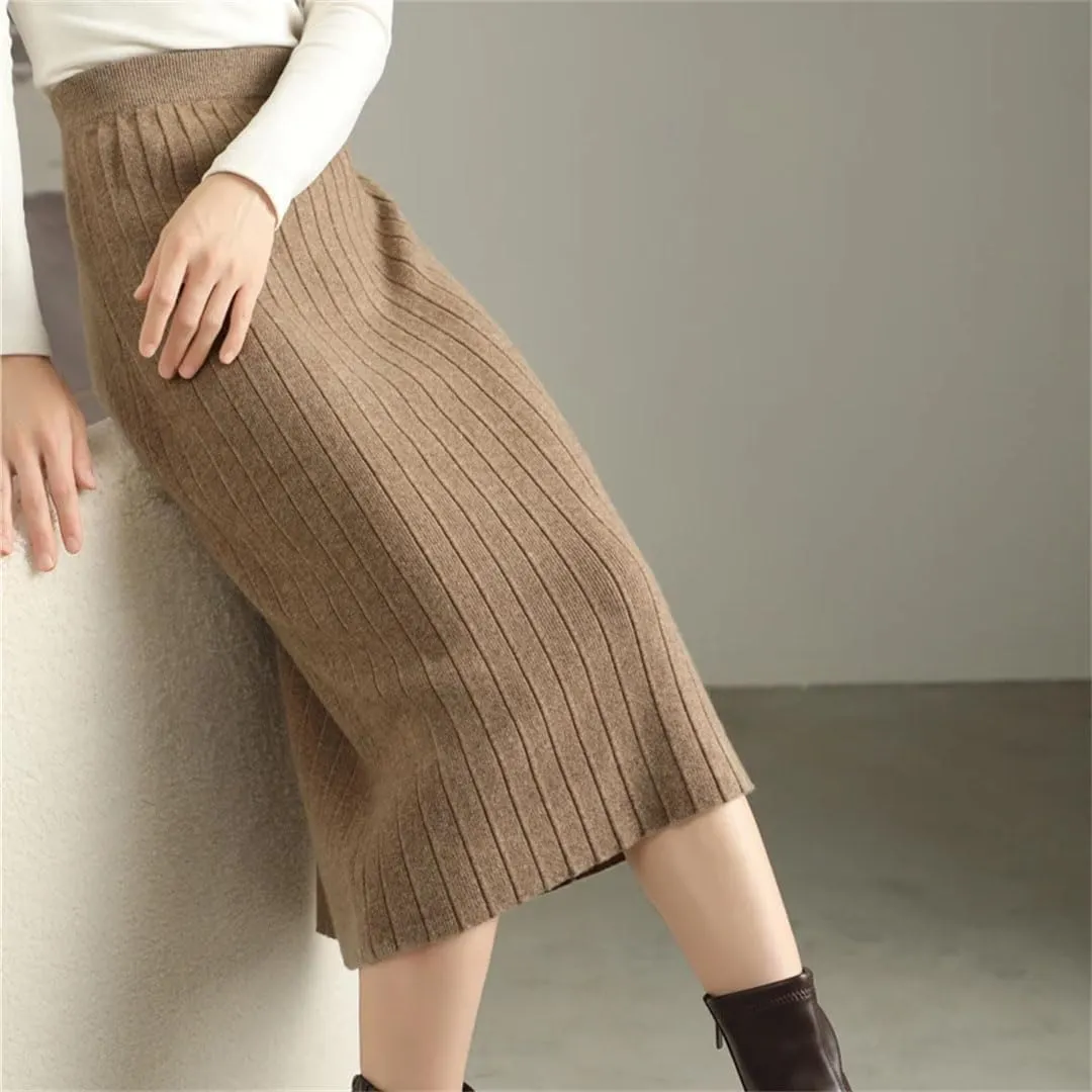 Women's Merino Wool Slim Knit Skirt High Waist High Stretch Slim Knee Skirt Soft Knit Pleated Midi Skirt