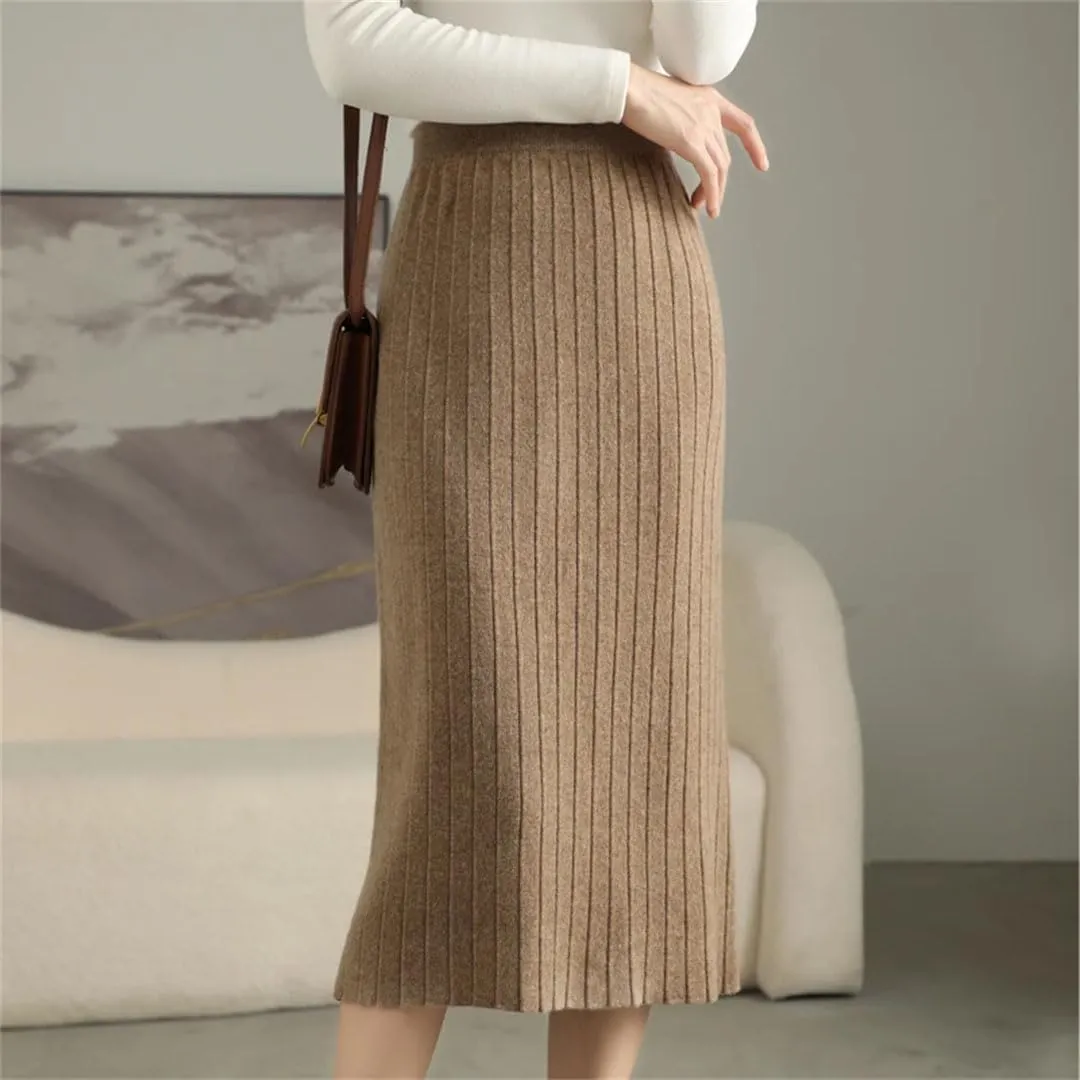 Women's Merino Wool Slim Knit Skirt High Waist High Stretch Slim Knee Skirt Soft Knit Pleated Midi Skirt