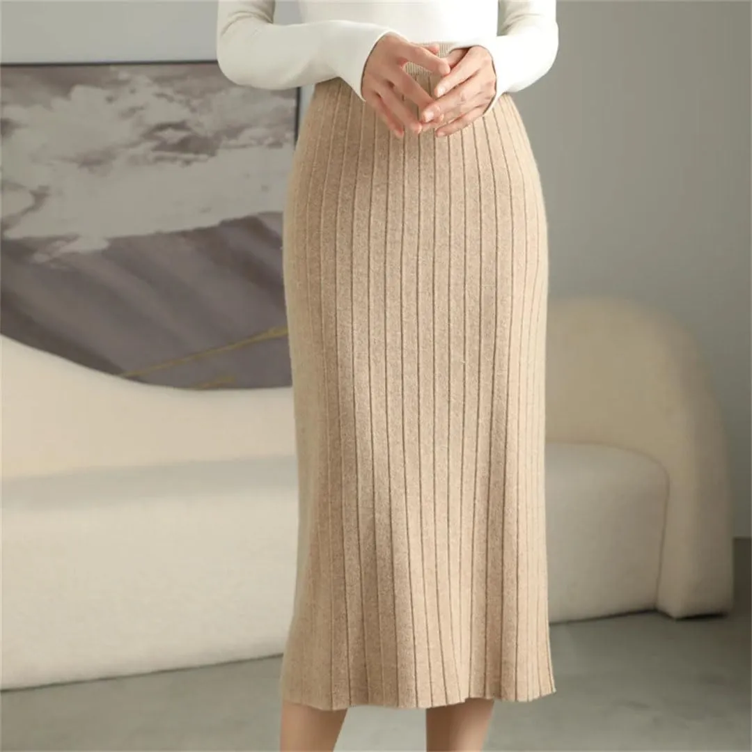 Women's Merino Wool Slim Knit Skirt High Waist High Stretch Slim Knee Skirt Soft Knit Pleated Midi Skirt