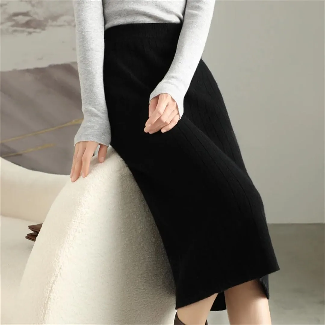 Women's Merino Wool Slim Knit Skirt High Waist High Stretch Slim Knee Skirt Soft Knit Pleated Midi Skirt