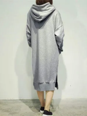 Women's Midi Fleece Shift Hoodie Dresses Long Sleeve Oversized Hooded Sweatshirt Dress Drop Shoulder Long Dresses with Pocket