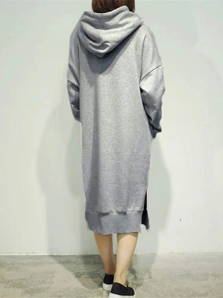 Women's Midi Fleece Shift Hoodie Dresses Long Sleeve Oversized Hooded Sweatshirt Dress Drop Shoulder Long Dresses with Pocket