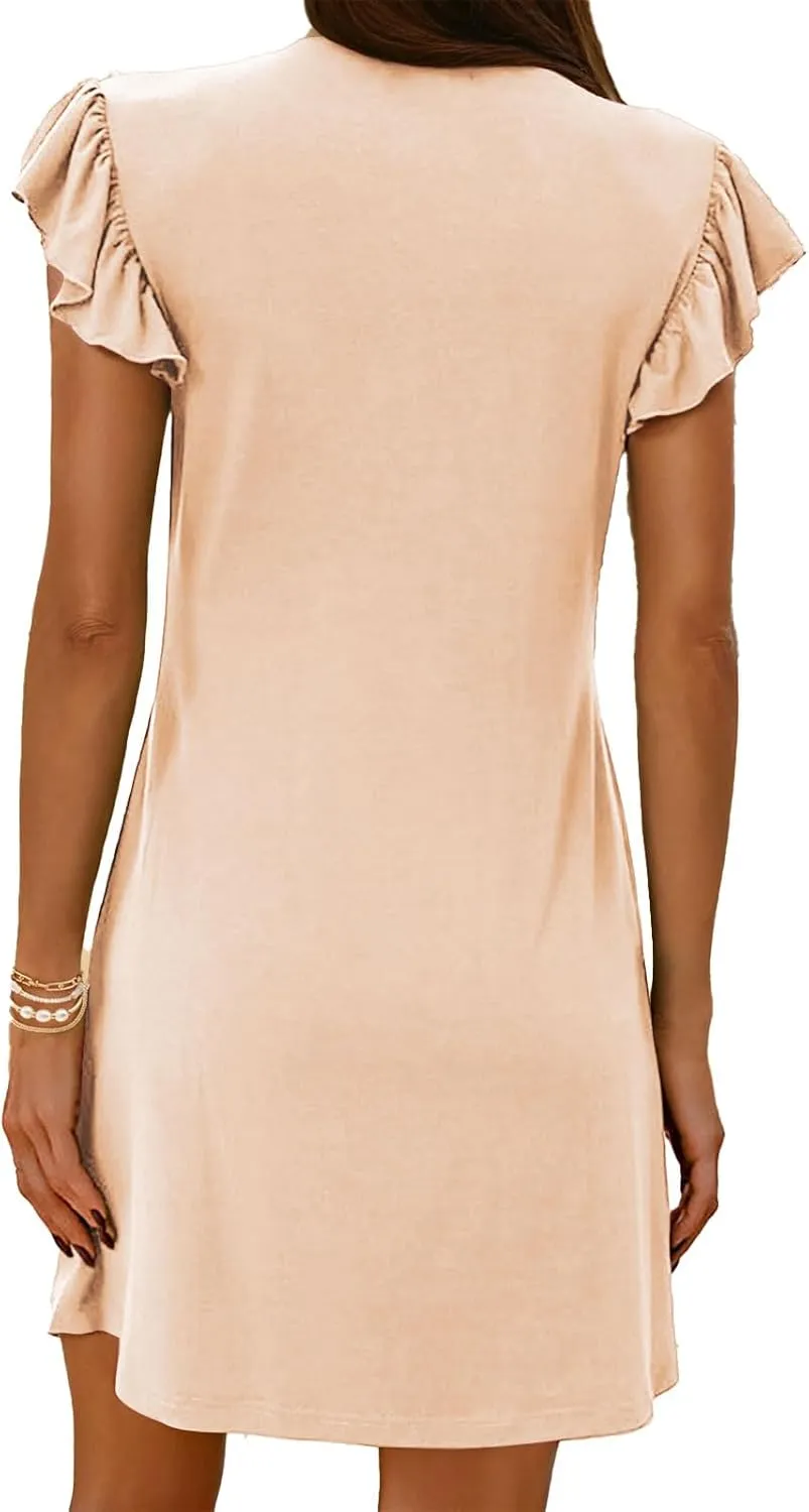 Womens Mini Dress Casual Ruffle Sleeveless V Neck Dresses Slim Fit Tunic Lounge Dresses Lightweight Comfy Sundress