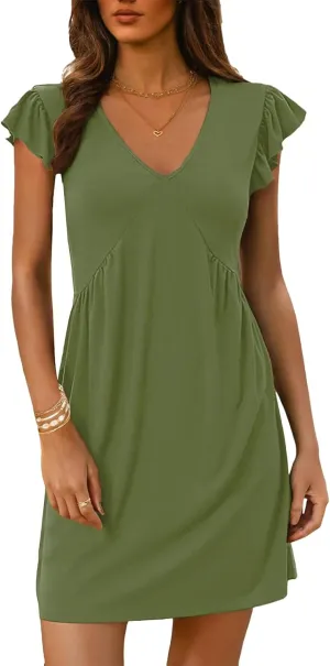 Womens Mini Dress Casual Ruffle Sleeveless V Neck Dresses Slim Fit Tunic Lounge Dresses Lightweight Comfy Sundress