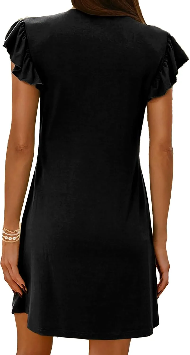 Womens Mini Dress Casual Ruffle Sleeveless V Neck Dresses Slim Fit Tunic Lounge Dresses Lightweight Comfy Sundress