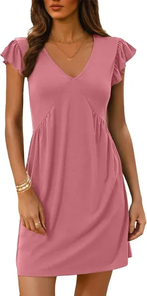 Womens Mini Dress Casual Ruffle Sleeveless V Neck Dresses Slim Fit Tunic Lounge Dresses Lightweight Comfy Sundress