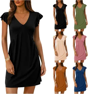 Womens Mini Dress Casual Ruffle Sleeveless V Neck Dresses Slim Fit Tunic Lounge Dresses Lightweight Comfy Sundress