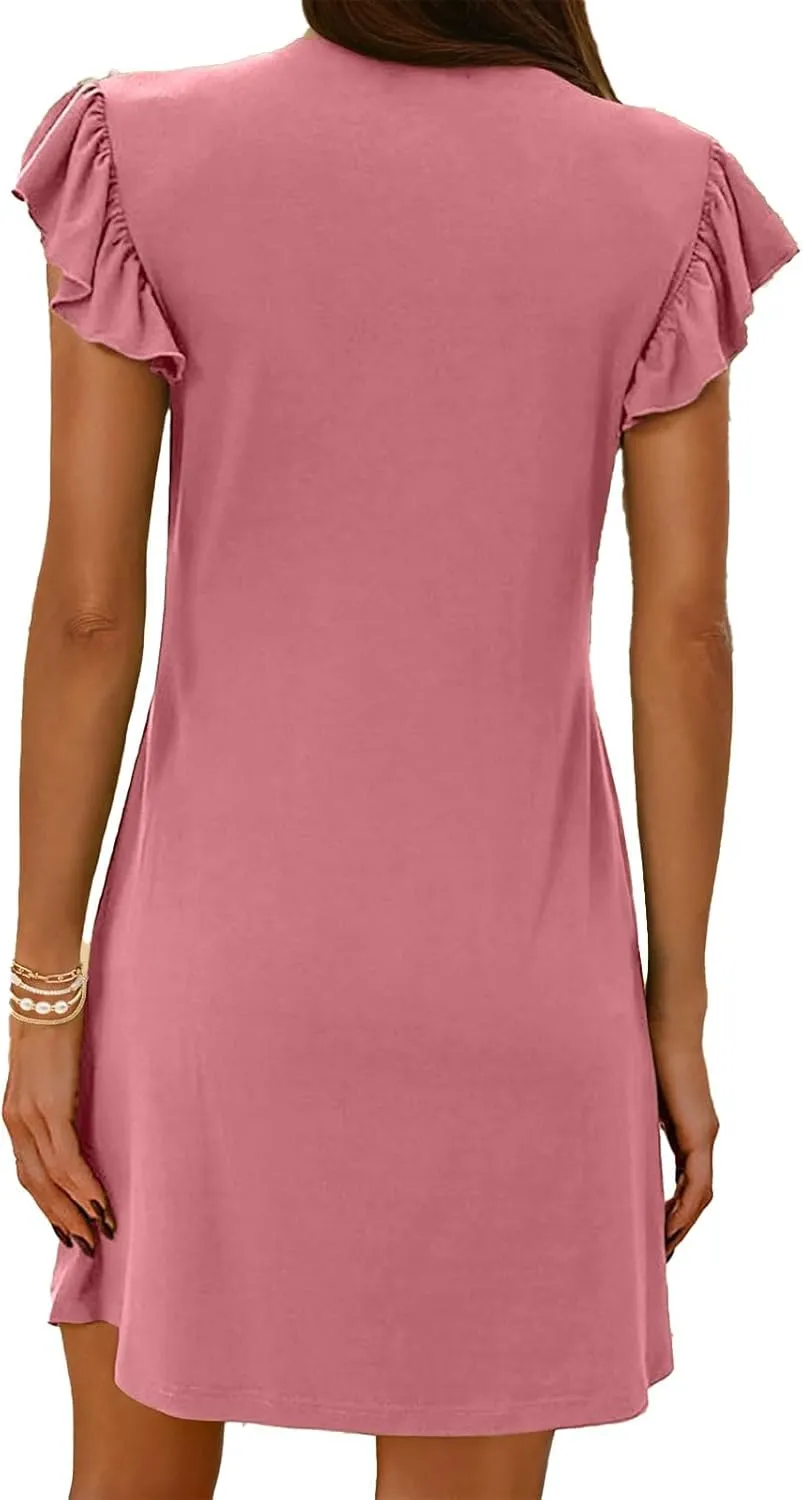 Womens Mini Dress Casual Ruffle Sleeveless V Neck Dresses Slim Fit Tunic Lounge Dresses Lightweight Comfy Sundress