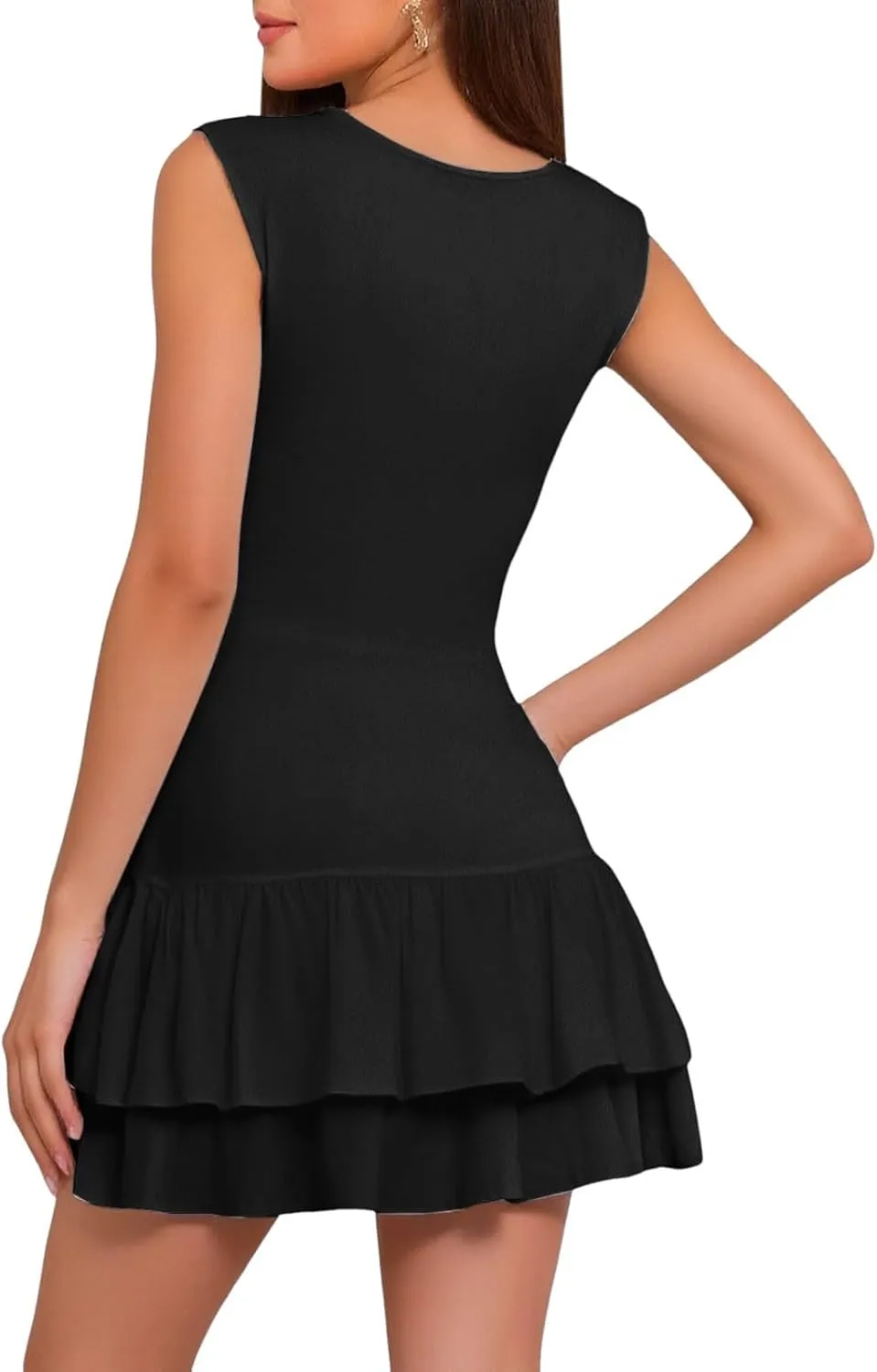 Womens Mini Dress Double Layered Ruffle Ruched Tiered Skirt Bodycon Sleeveless Tank Slim Summer Dress Shirts for