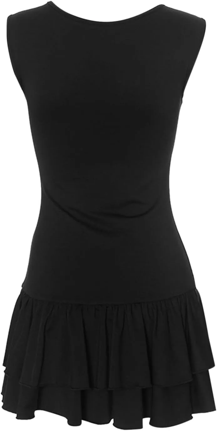 Womens Mini Dress Double Layered Ruffle Ruched Tiered Skirt Bodycon Sleeveless Tank Slim Summer Dress Shirts for