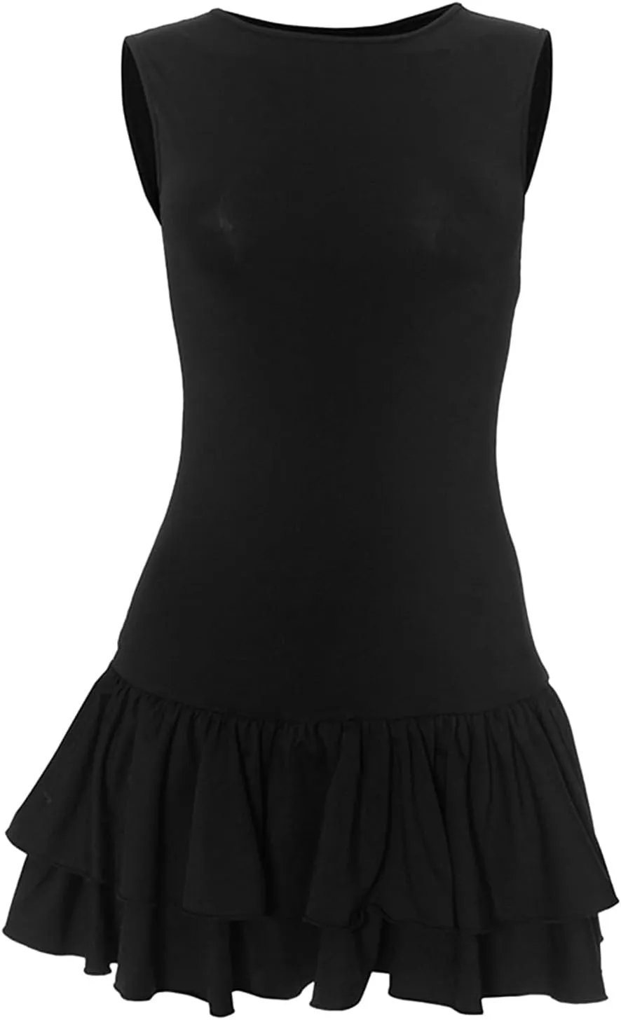 Womens Mini Dress Double Layered Ruffle Ruched Tiered Skirt Bodycon Sleeveless Tank Slim Summer Dress Shirts for