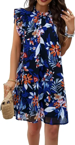 Women's Mock Neck Cap Sleeve Ruffle Mini Short Smock Dress A Line Flowy Floral Dress