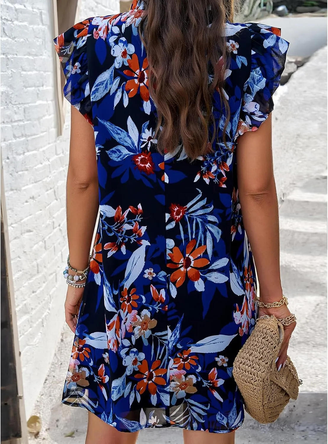 Women's Mock Neck Cap Sleeve Ruffle Mini Short Smock Dress A Line Flowy Floral Dress
