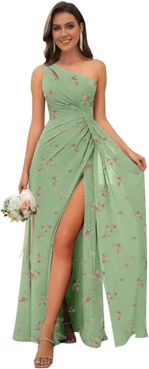 Women's One Shoulder Bridesmaid Dresses Long Floral Chiffon Formal Evening Gown with Slit Bohemian
