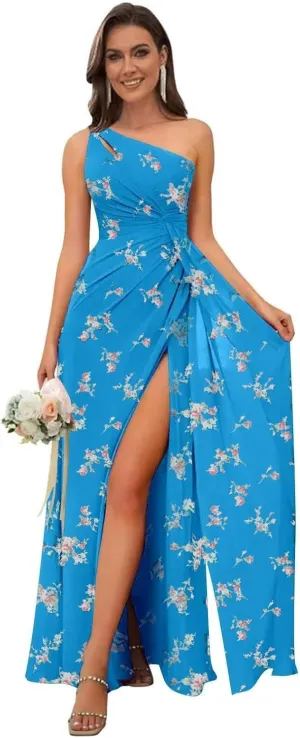 Women's One Shoulder Bridesmaid Dresses Long Floral Chiffon Formal Evening Gown with Slit Bohemian