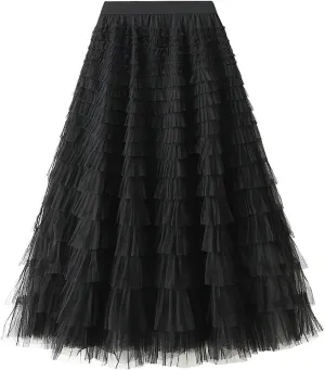 Women's Pleated A-Lined Skirts 2024 Summer Versatile High Waisted Midi Skirt Multi-Layer Puffer Flared Cake Skirt