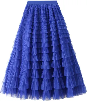 Women's Pleated A-Lined Skirts 2024 Summer Versatile High Waisted Midi Skirt Multi-Layer Puffer Flared Cake Skirt