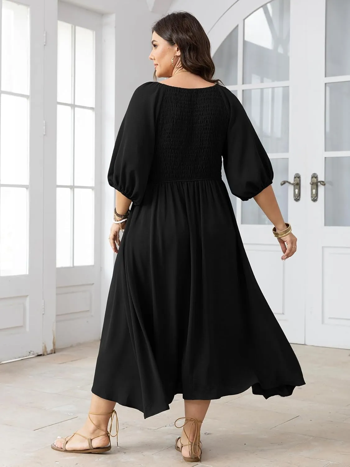 Women's Plus Size Casual Dresses Square Neck Button Up Smocked 3/4 Puff Sleeve Empire Wasit A-line Flowy Midi Dress