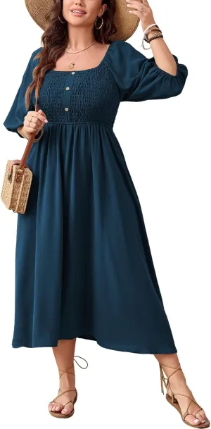 Women's Plus Size Casual Dresses Square Neck Button Up Smocked 3/4 Puff Sleeve Empire Wasit A-line Flowy Midi Dress