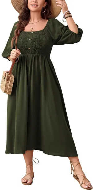 Women's Plus Size Casual Dresses Square Neck Button Up Smocked 3/4 Puff Sleeve Empire Wasit A-line Flowy Midi Dress