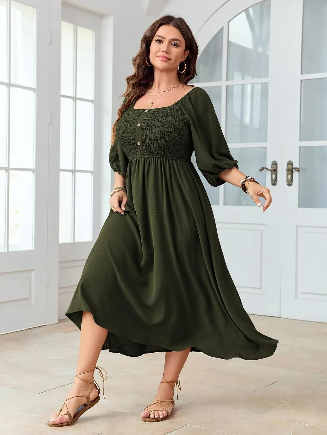 Women's Plus Size Casual Dresses Square Neck Button Up Smocked 3/4 Puff Sleeve Empire Wasit A-line Flowy Midi Dress