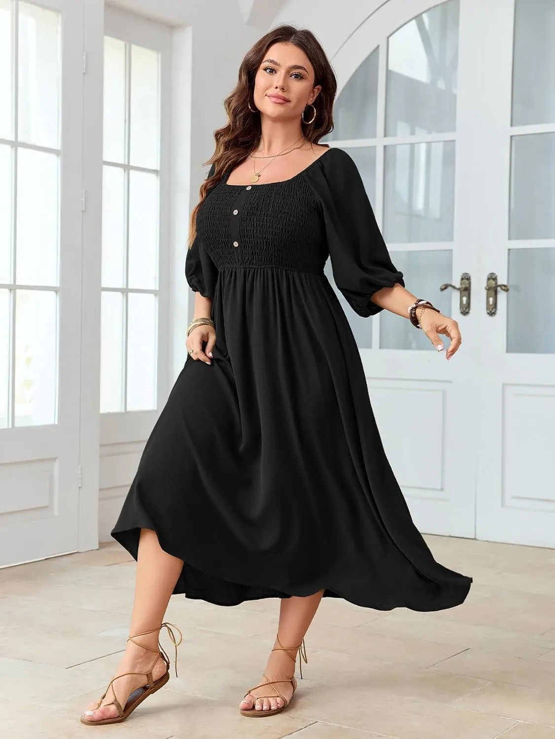 Women's Plus Size Casual Dresses Square Neck Button Up Smocked 3/4 Puff Sleeve Empire Wasit A-line Flowy Midi Dress