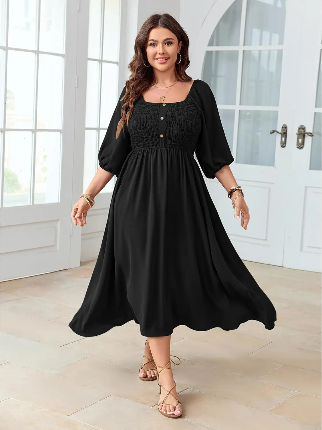 Women's Plus Size Casual Dresses Square Neck Button Up Smocked 3/4 Puff Sleeve Empire Wasit A-line Flowy Midi Dress
